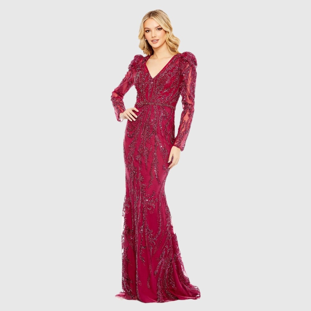 NWT $998 MAC DUGGAL Red Embellished Puff Sleeve V Neck Gown DRESS BERRY 20349